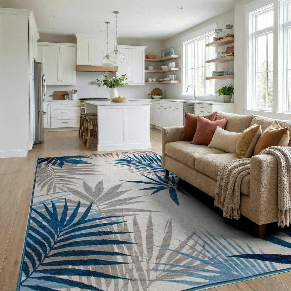 Teal Gray Palm Fronds Rug - Living Room View