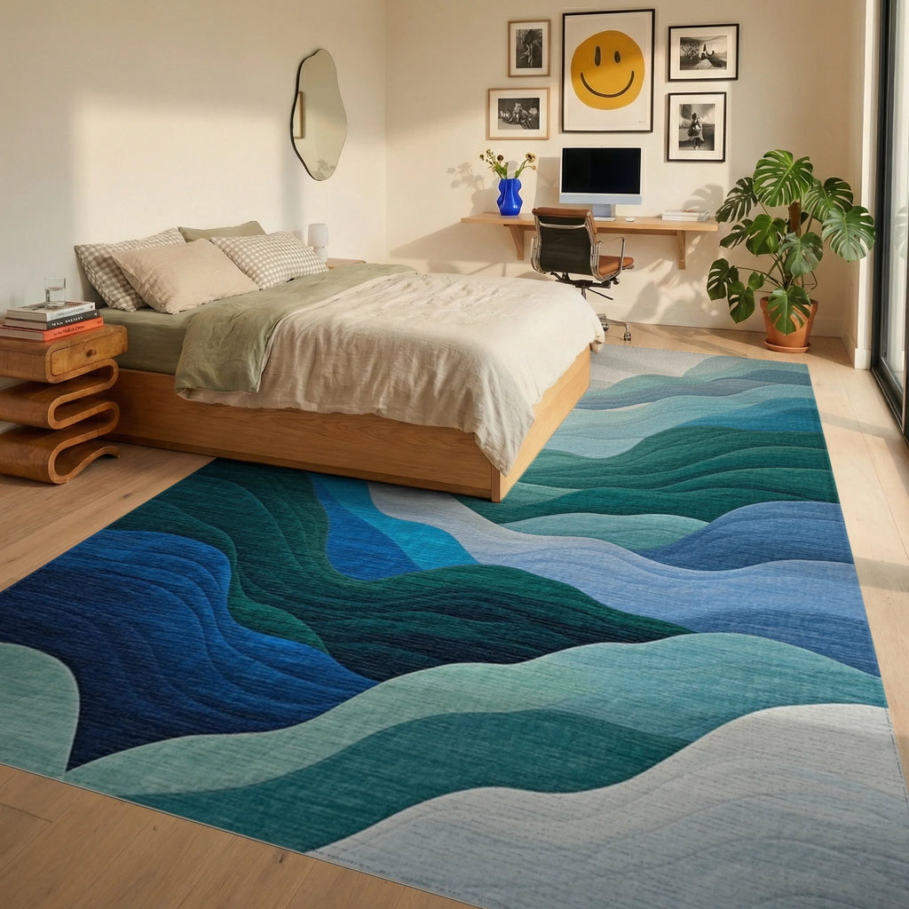 Teal Green Layered Wave Rug - Bedroom View