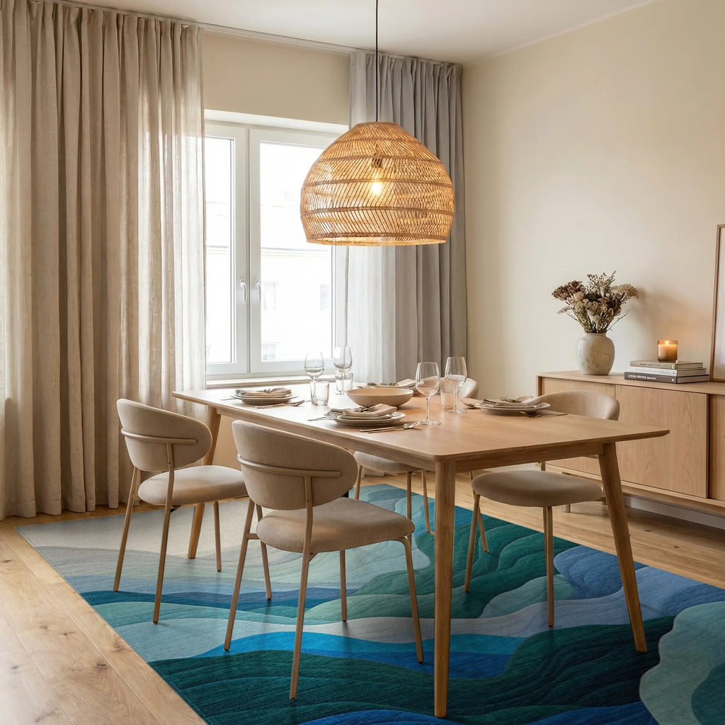 Teal Green Layered Wave Rug - Dining Room View