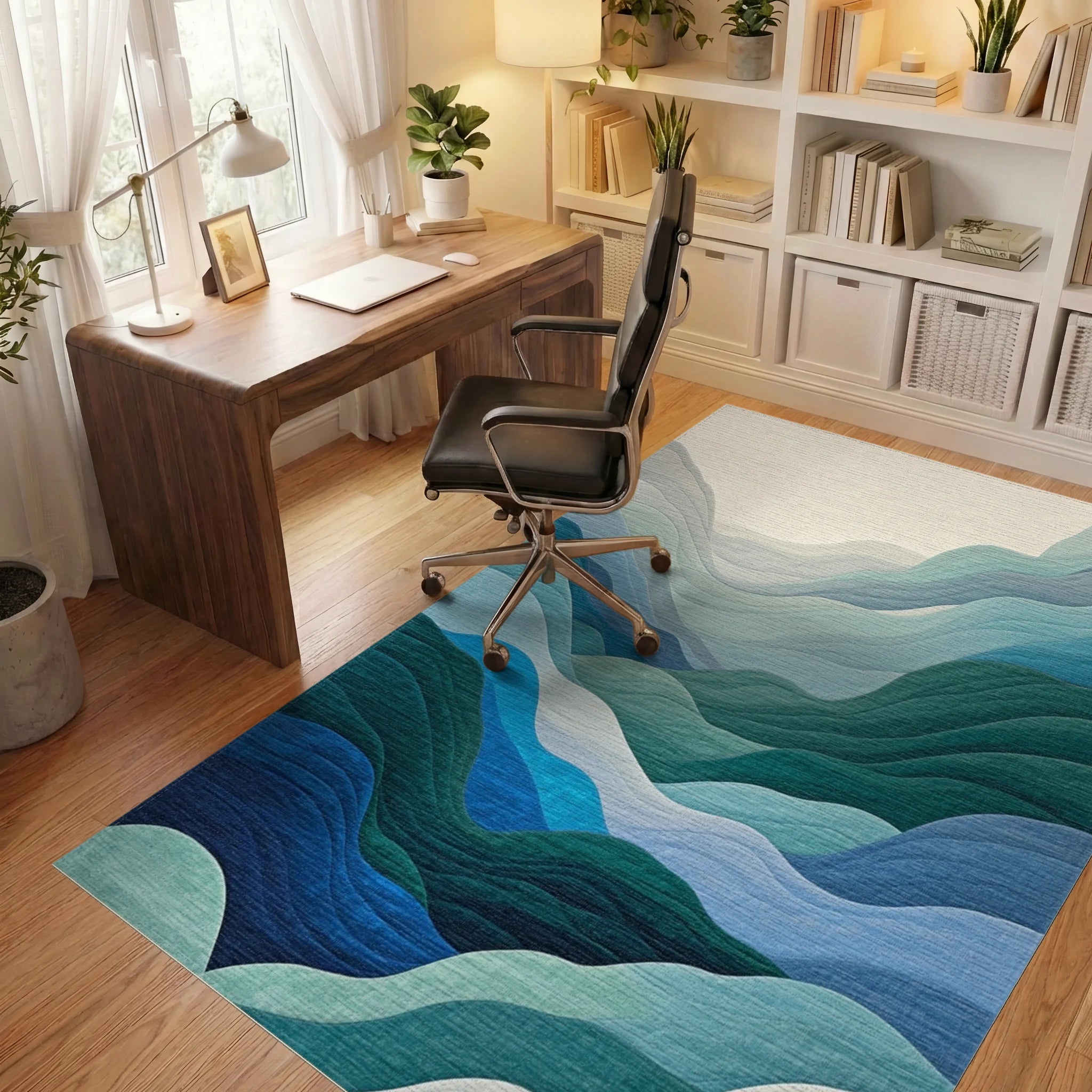 Teal Green Layered Wave Rug - Office View