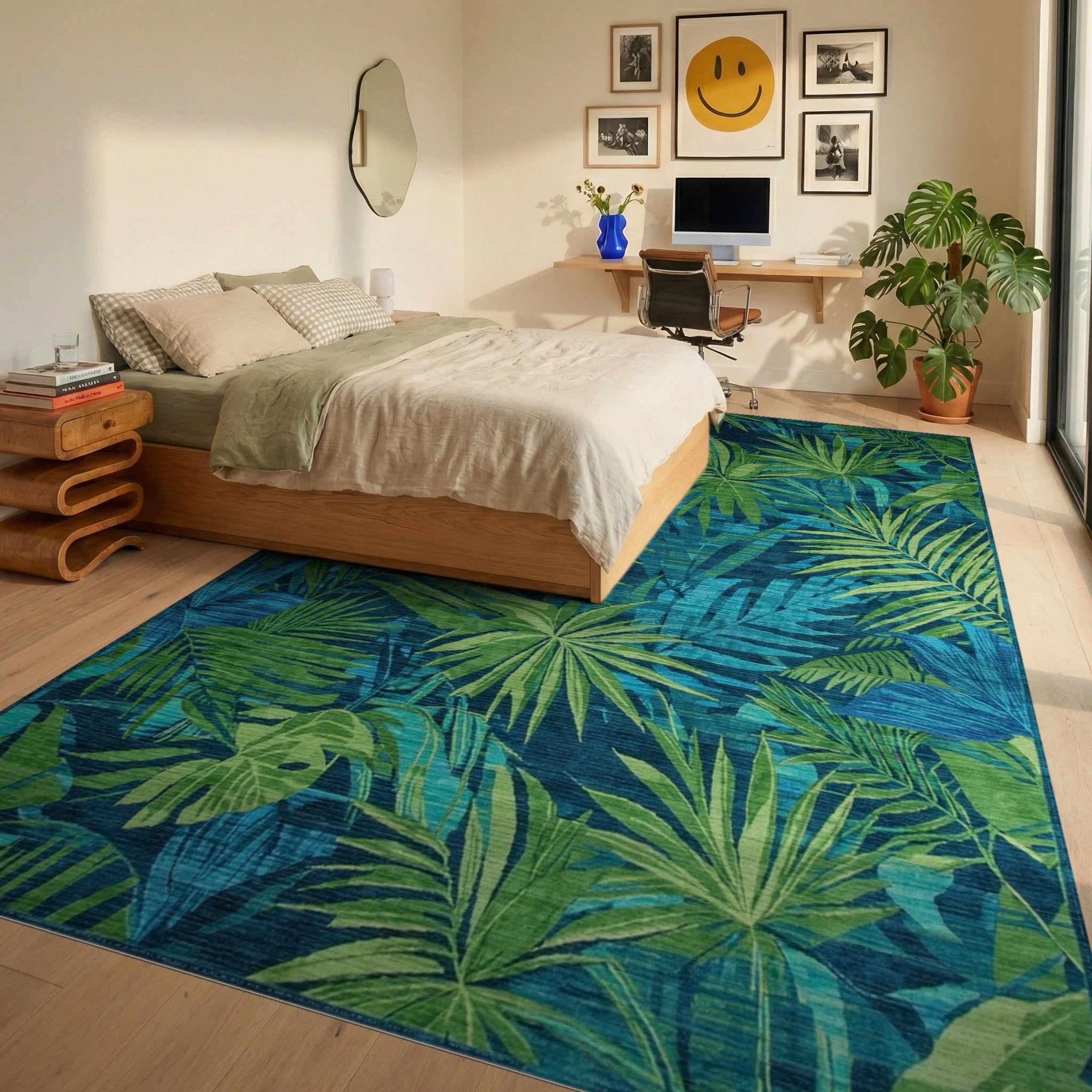 Teal Green Palm Leaf Rug - Bedroom View