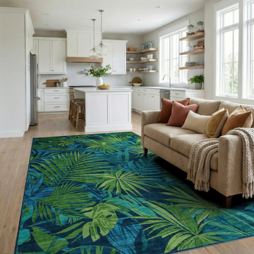 Teal Green Palm Leaf Rug - Living Room View