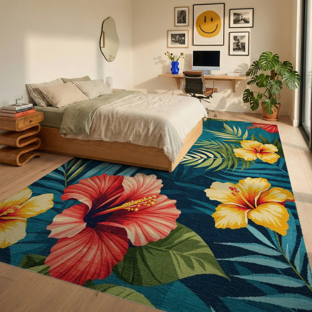 Teal Hibiscus Palm Tropical Rug - Bedroom View