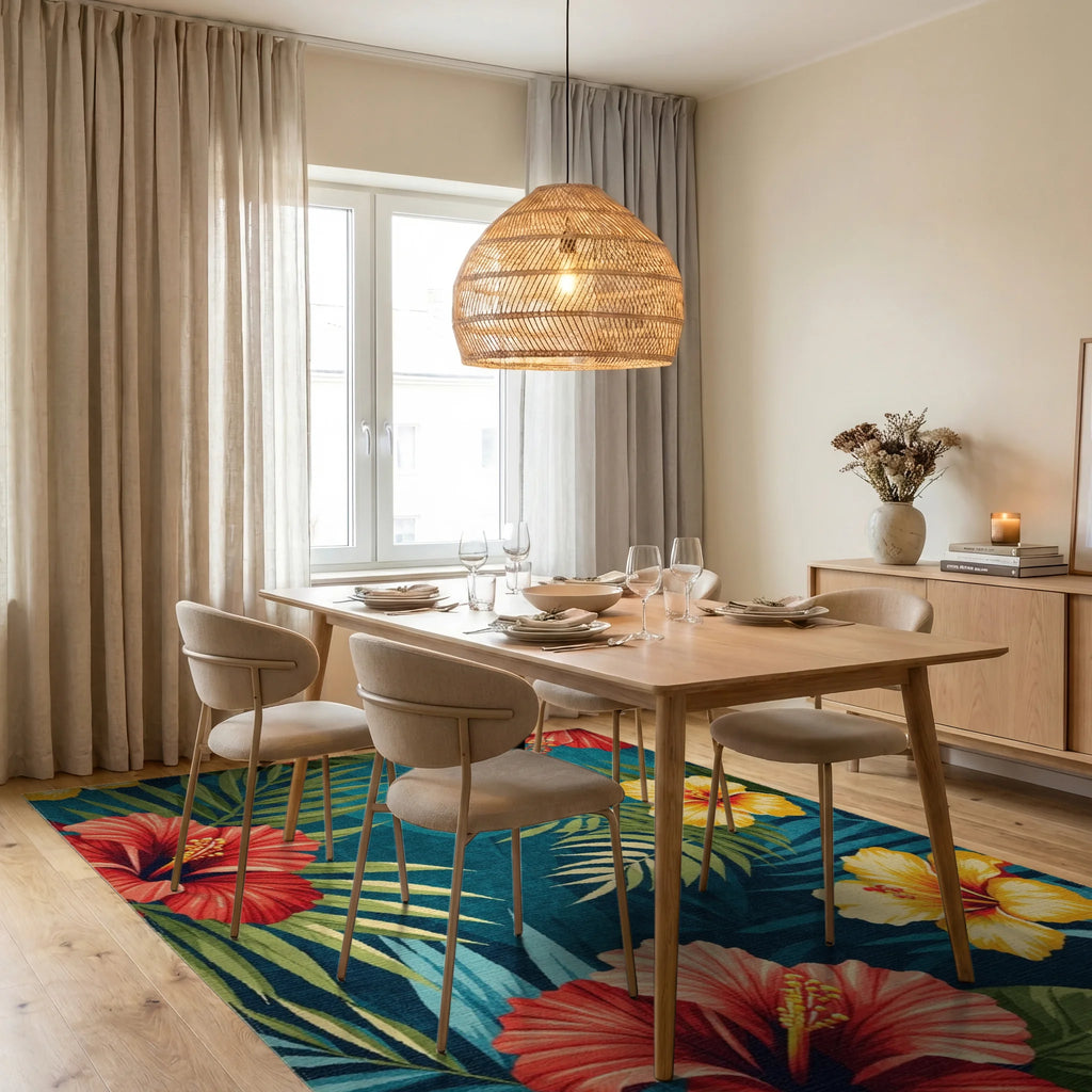 Teal Hibiscus Palm Tropical Rug - Dining Room View