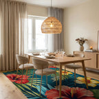 Teal Hibiscus Palm Tropical Rug - Dining Room View