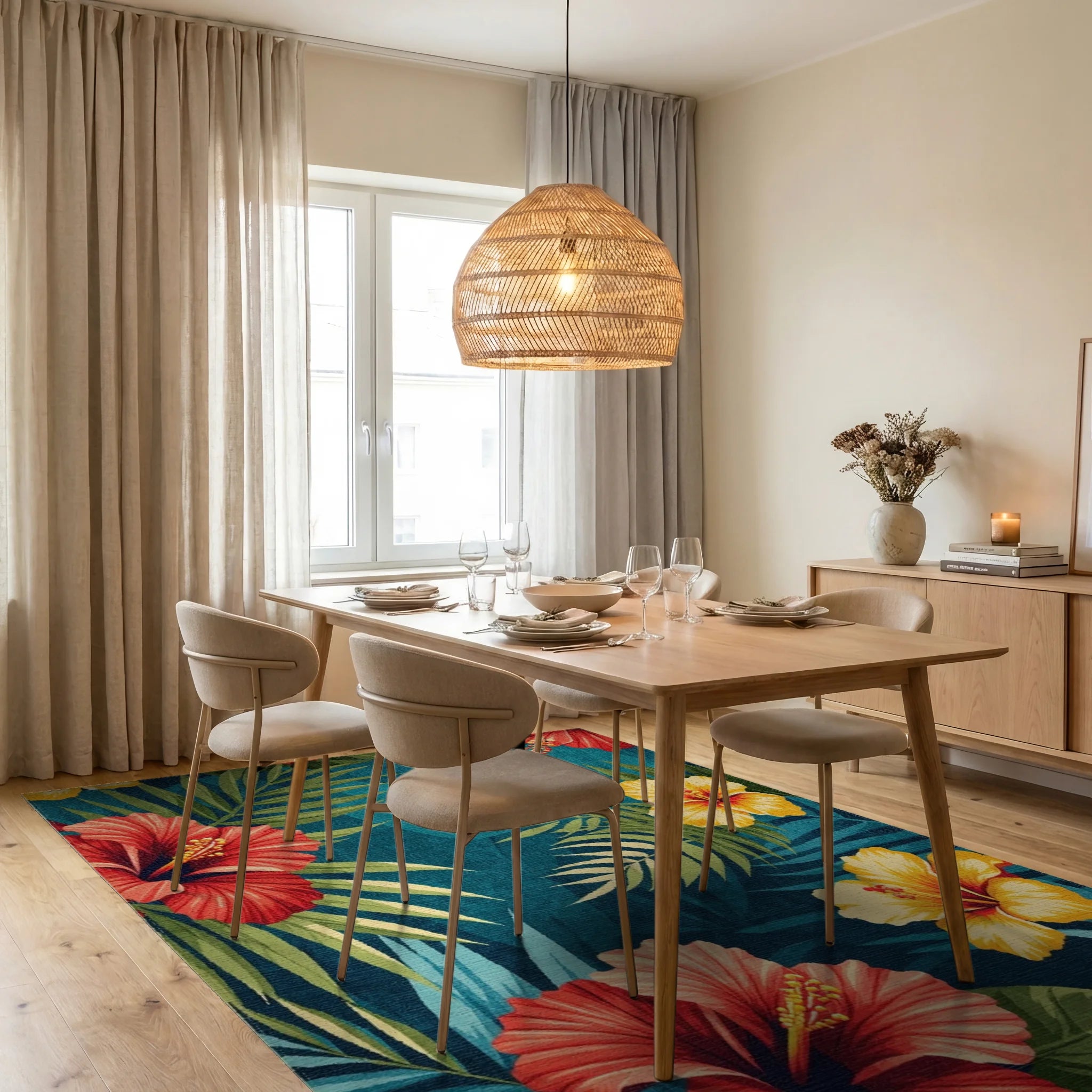 Teal Hibiscus Palm Tropical Rug - Dining Room View