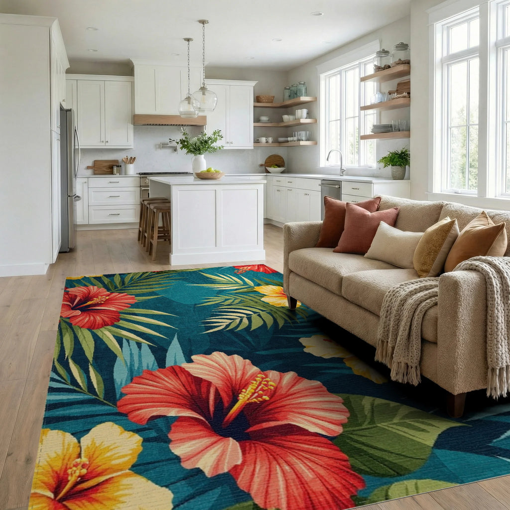 Teal Hibiscus Palm Tropical Rug - Living Room View