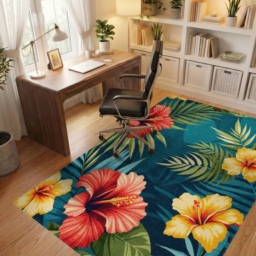 Teal Hibiscus Palm Tropical Rug - Office View