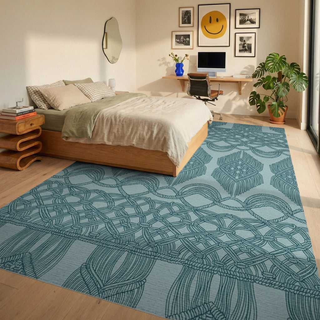 Teal Macrame Rope Scroll Rug Bedroom View