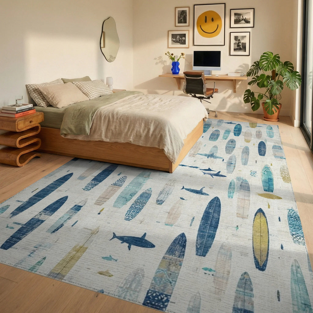 Teal Nautical Surfboards Shark Rug - Bedroom View