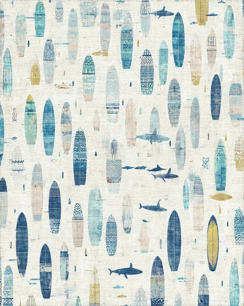 Teal Nautical Surfboards Shark Rug - Cutout View