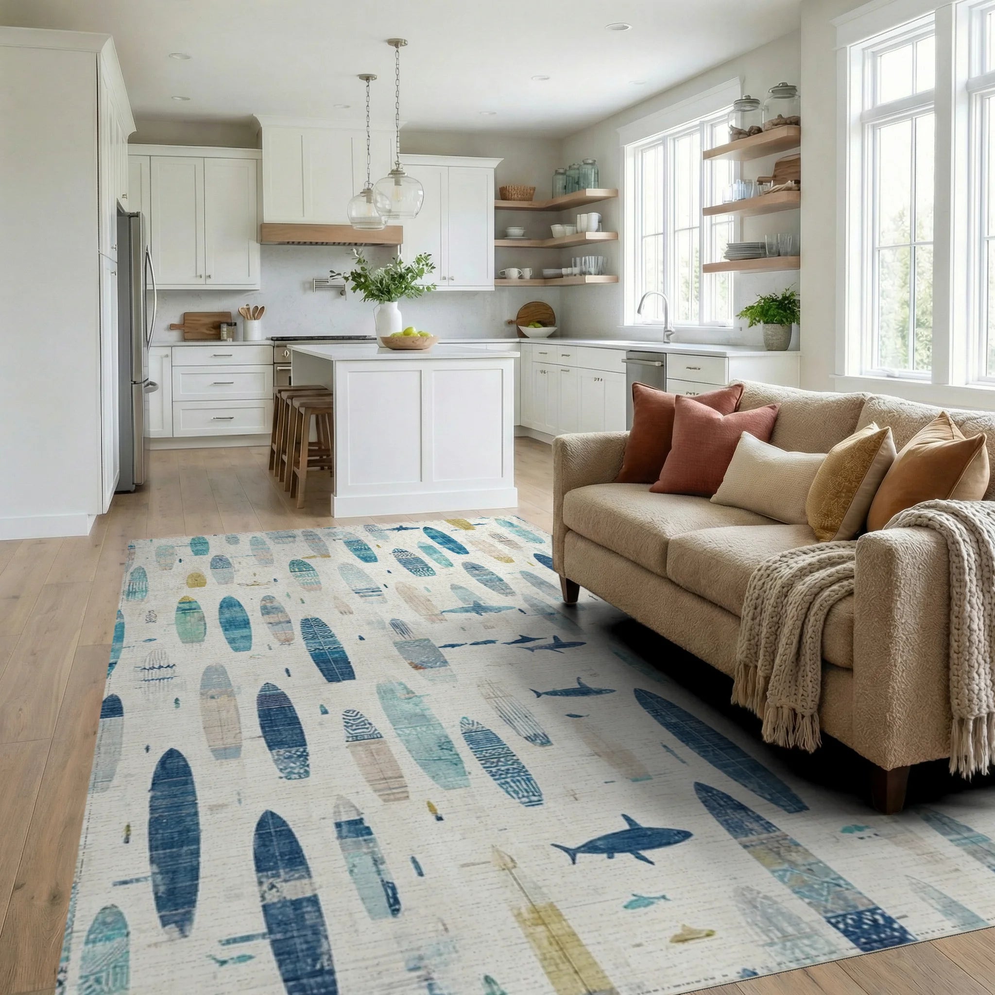 Teal Nautical Surfboards Shark Rug - Living Room View