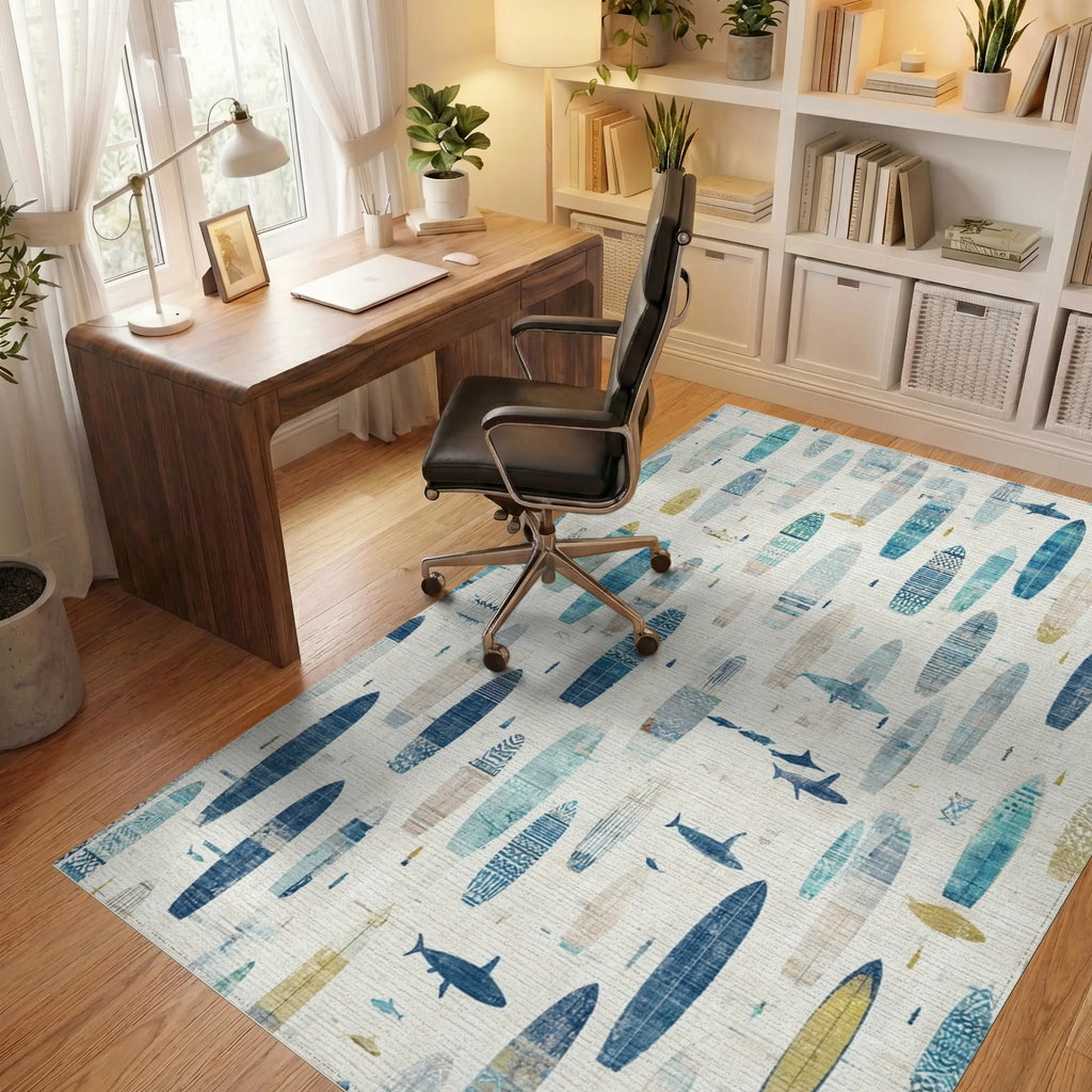 Teal Nautical Surfboards Shark Rug - Office View