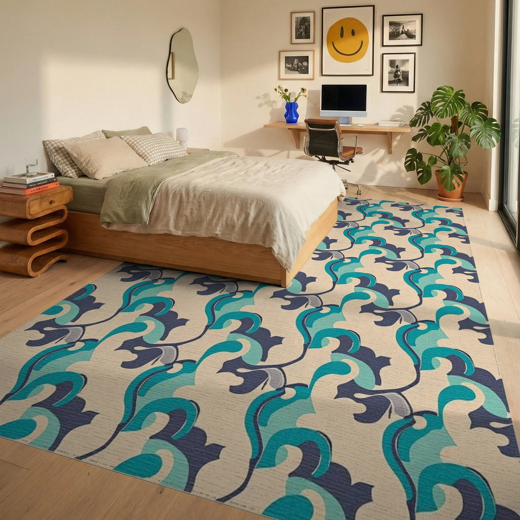 Teal Navy Cream Swirl Repeats Rug - Bedroom View