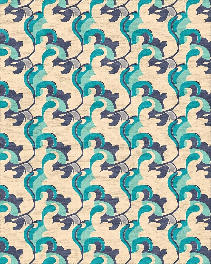 Teal Navy Cream Swirl Repeats Rug - Cutout View