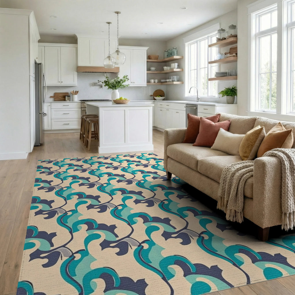 Teal Navy Cream Swirl Repeats Rug - Living Room View