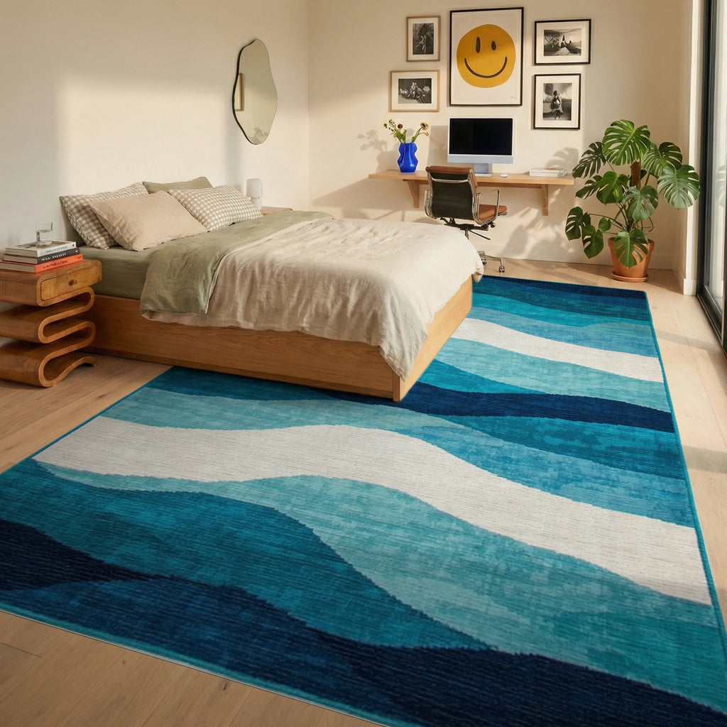 Teal Navy Layered Wavy Rug - Bedroom View