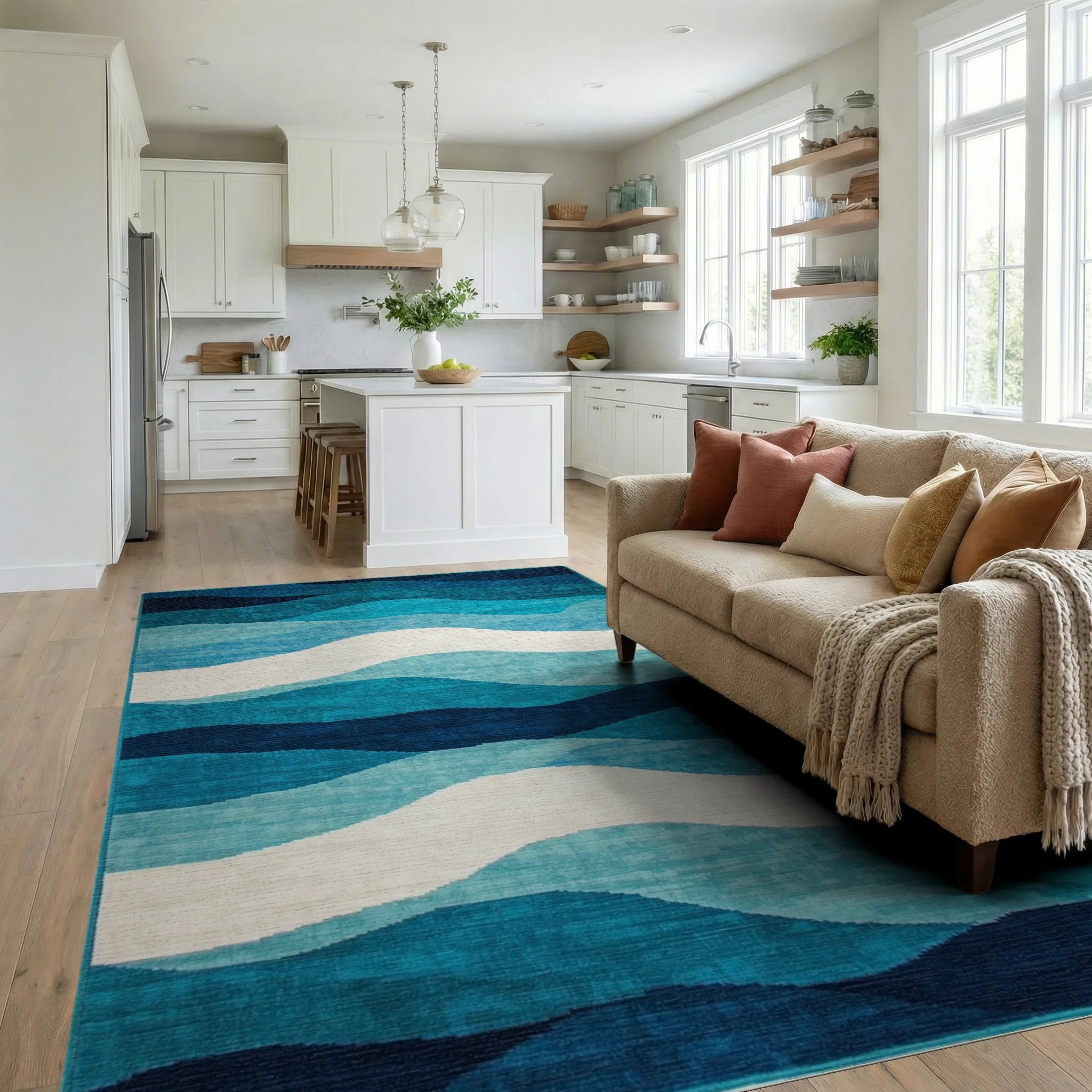 Teal Navy Layered Wavy Rug - Living Room View