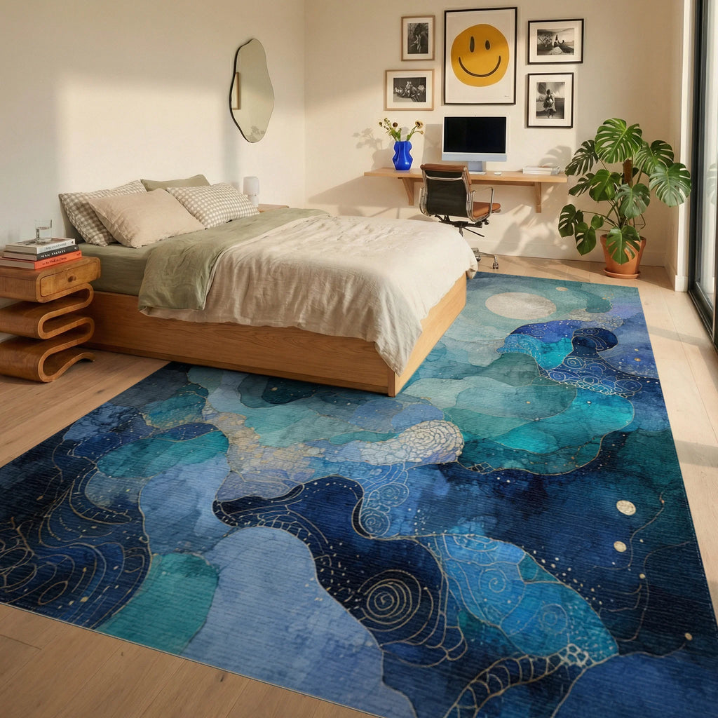 Teal Navy Moon Nebula Swirls Rug Bedroom View