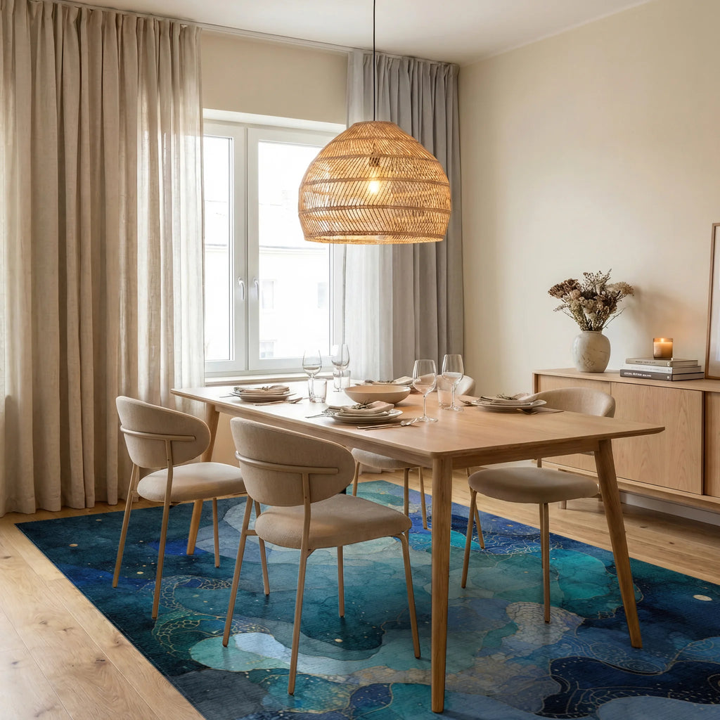 Teal Navy Moon Nebula Swirls Rug Dining Room View