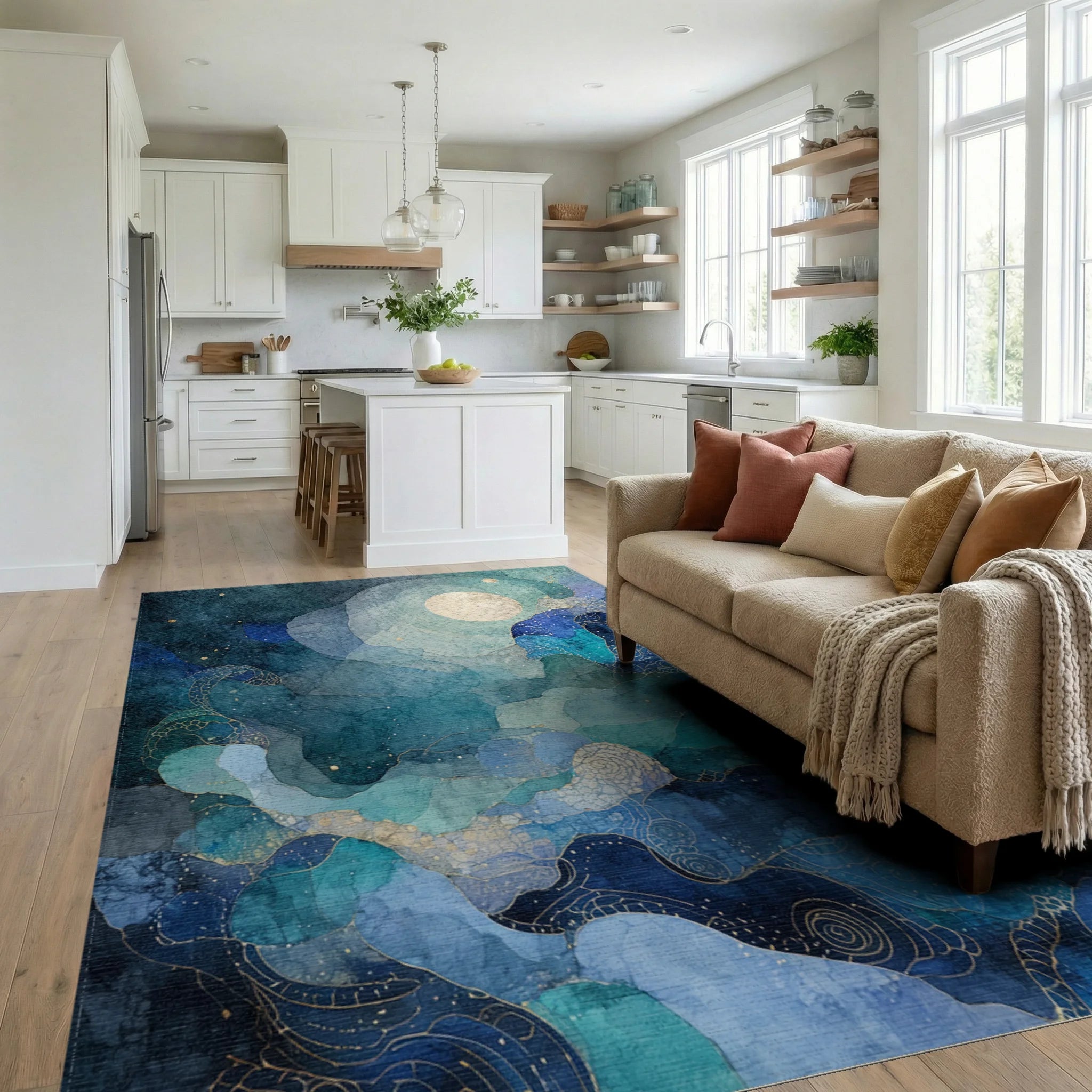Teal Navy Moon Nebula Swirls Rug Living Room View