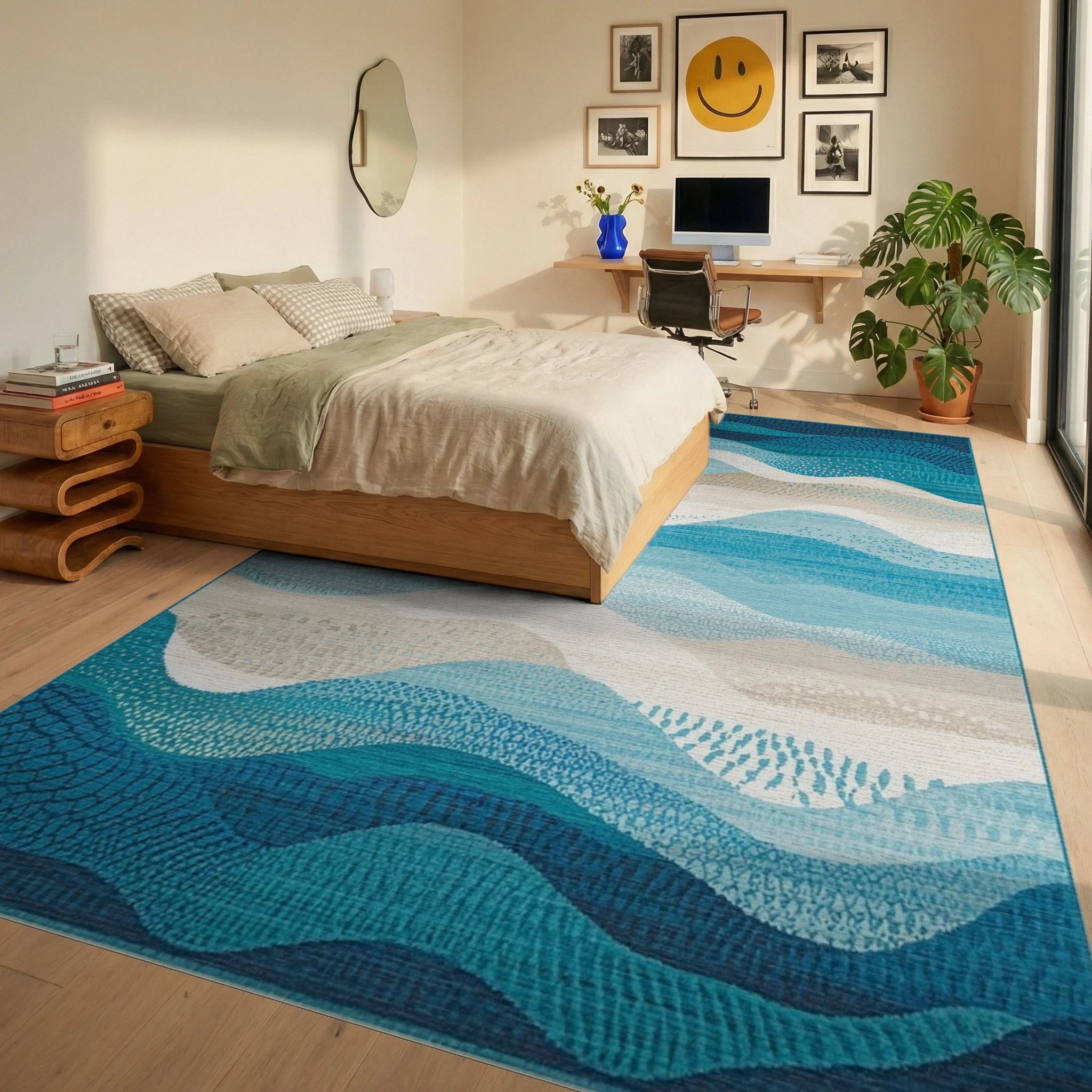 Teal Navy Wavy Layers Rug - Bedroom View