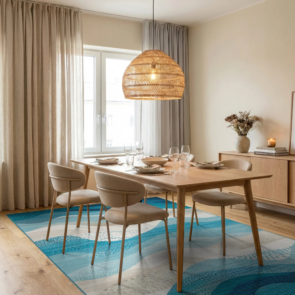 Teal Navy Wavy Layers Rug - Dining Room View