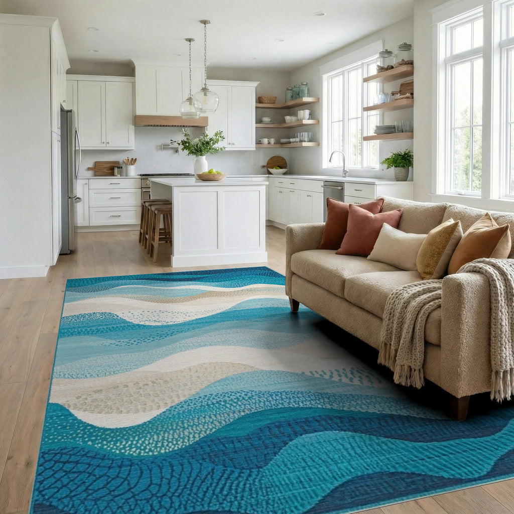Teal Navy Wavy Layers Rug - Living Room View