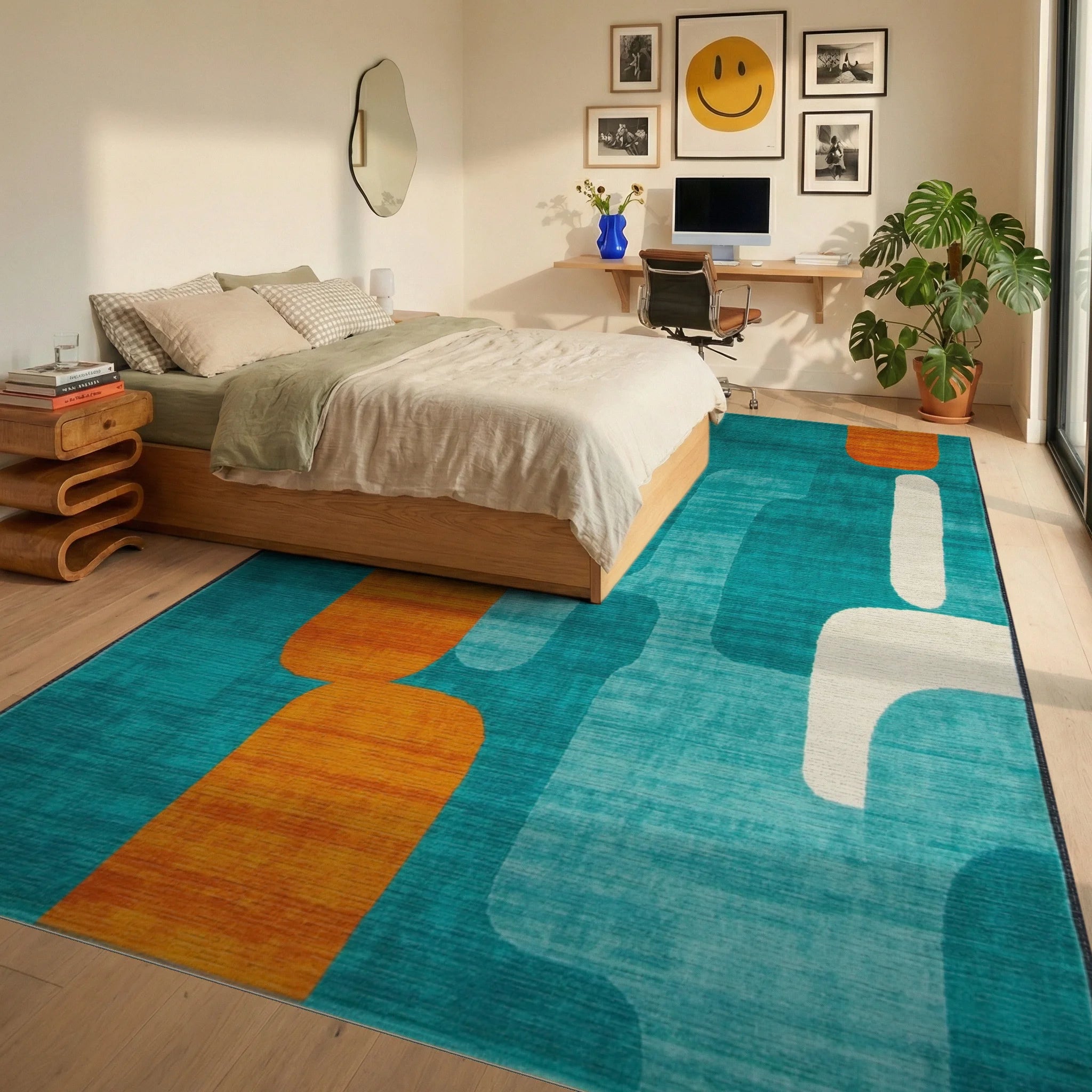 Teal Orange Abstract Mid Century Shapes Rug - Bedroom View