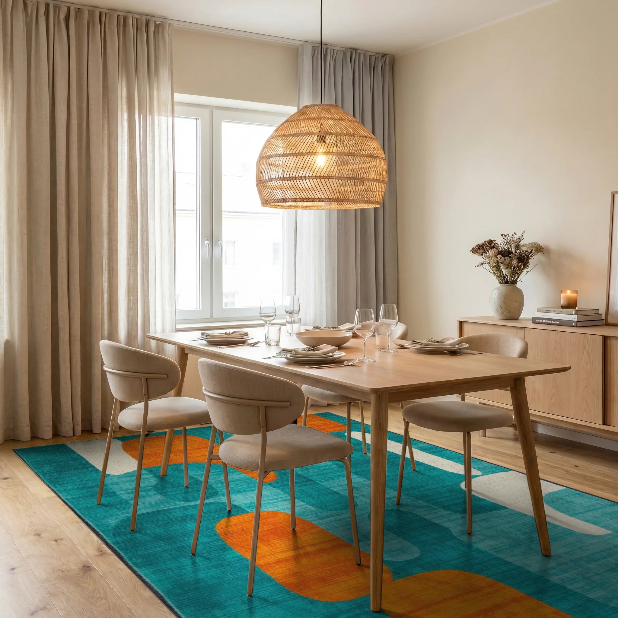 Teal Orange Abstract Mid Century Shapes Rug - Dining Room View