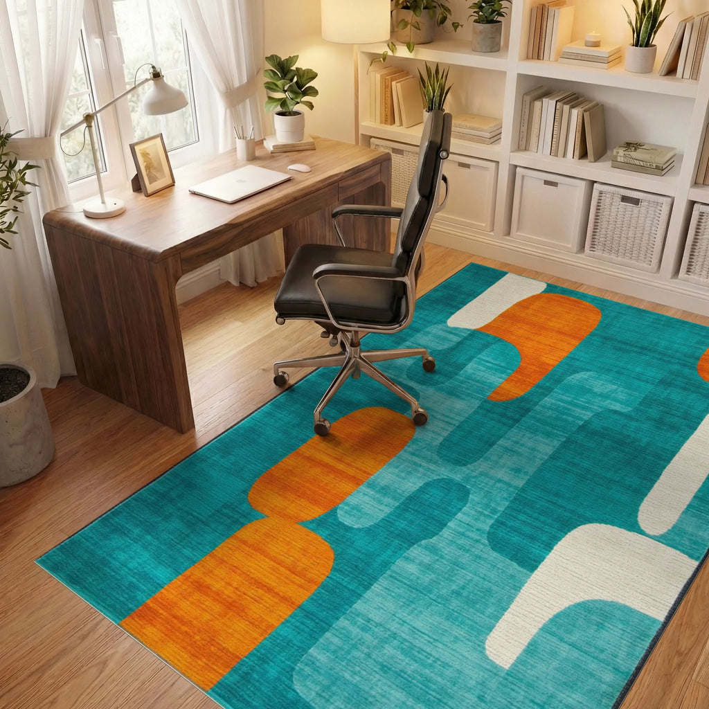 Teal Orange Abstract Mid Century Shapes Rug - Office View
