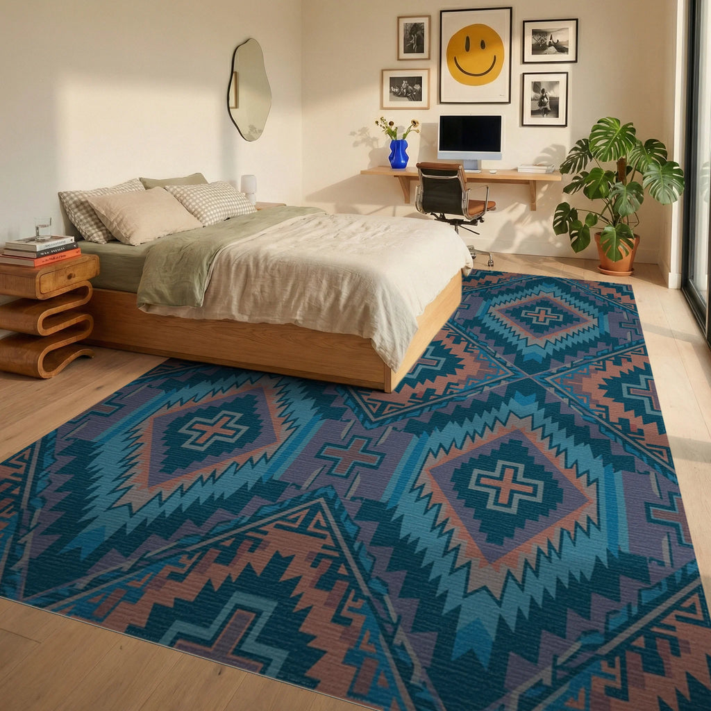 Teal Orange Diamond Cross Geometric Rug Bedroom View