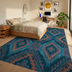 Teal Orange Diamond Cross Geometric Rug Bedroom View