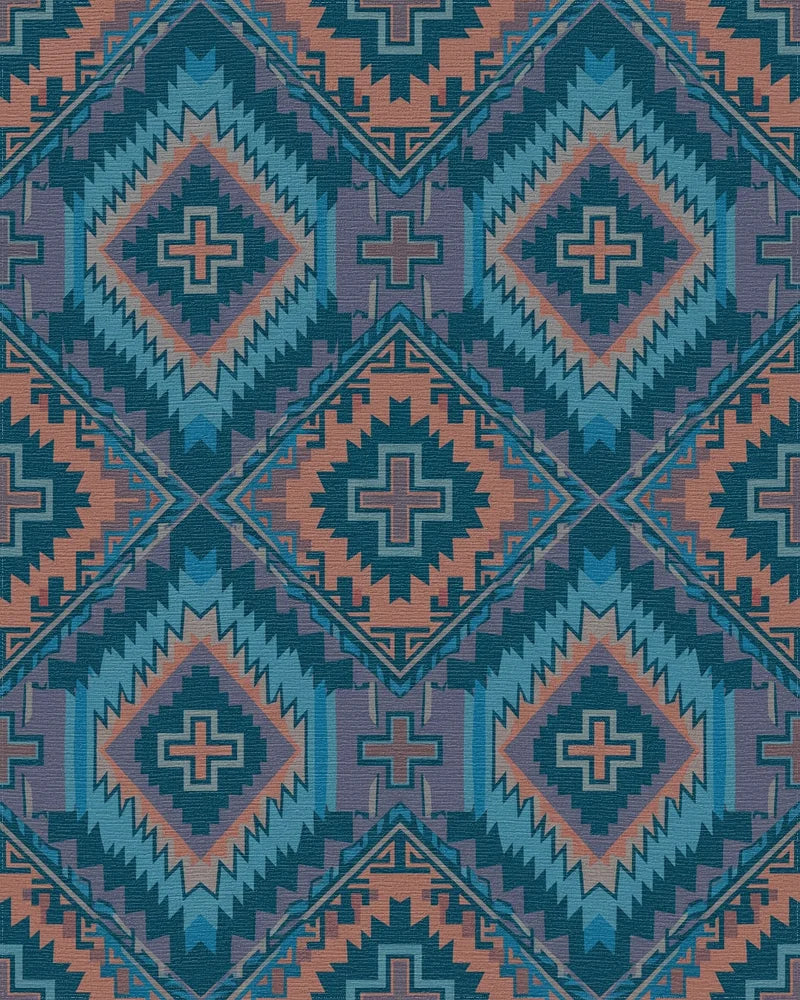 Teal Orange Diamond Cross Geometric Rug - Cutout View