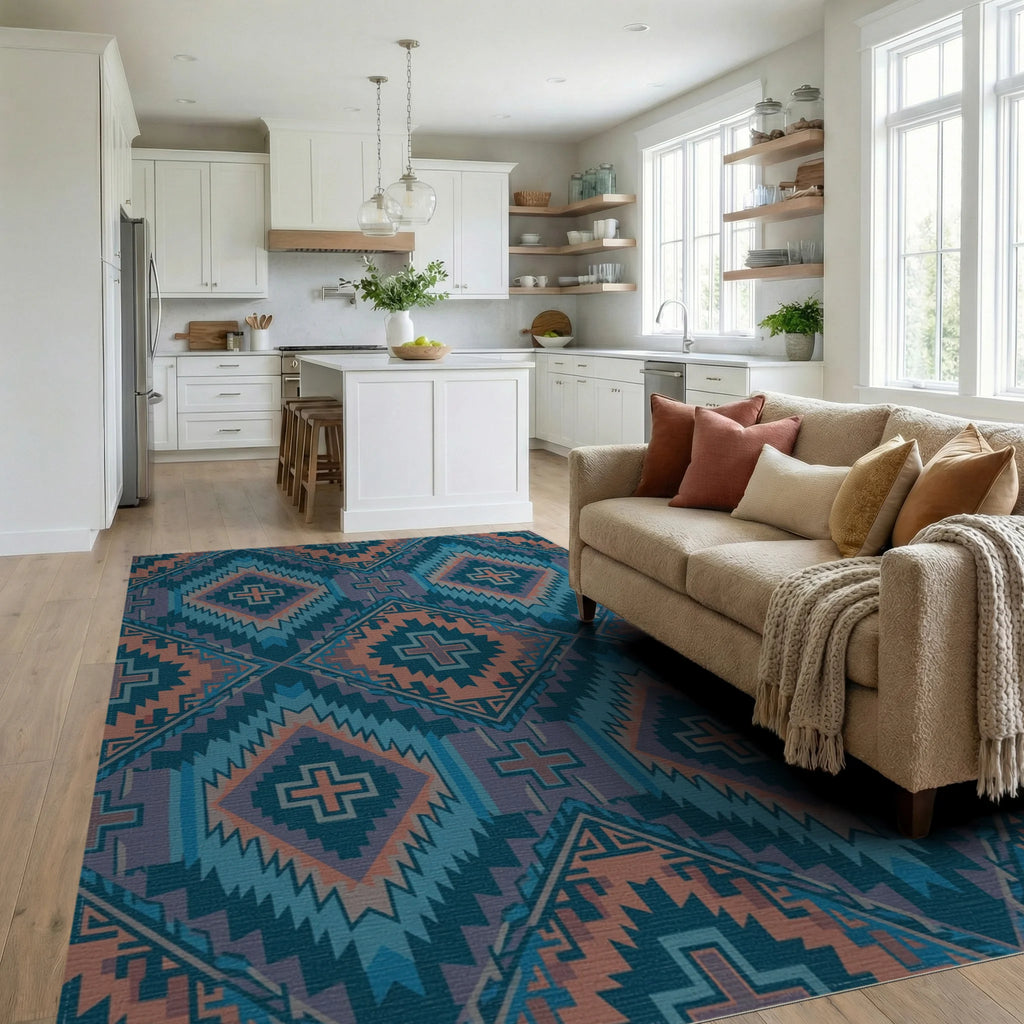 Teal Orange Diamond Cross Geometric Rug Living Room View