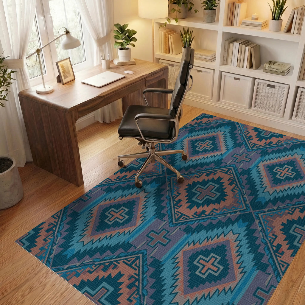 Teal Orange Diamond Cross Geometric Rug Office View