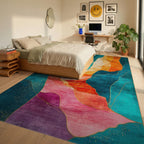 Teal Orange Gold Fluid Mountains Rug Bedroom View