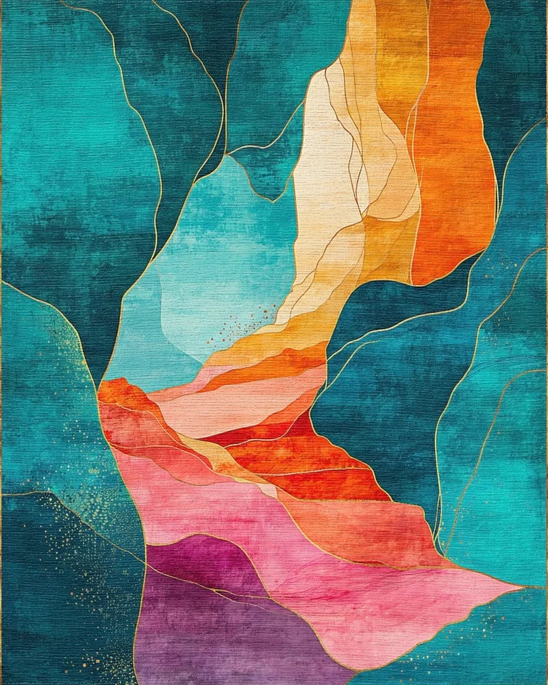 Teal Orange Gold Fluid Mountains Rug - Cutout View