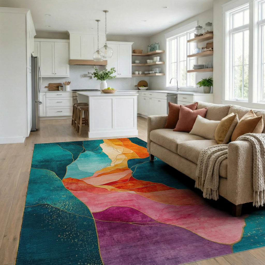 Teal Orange Gold Fluid Mountains Rug Living Room View