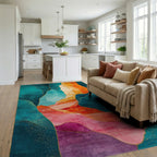 Teal Orange Gold Fluid Mountains Rug Living Room View
