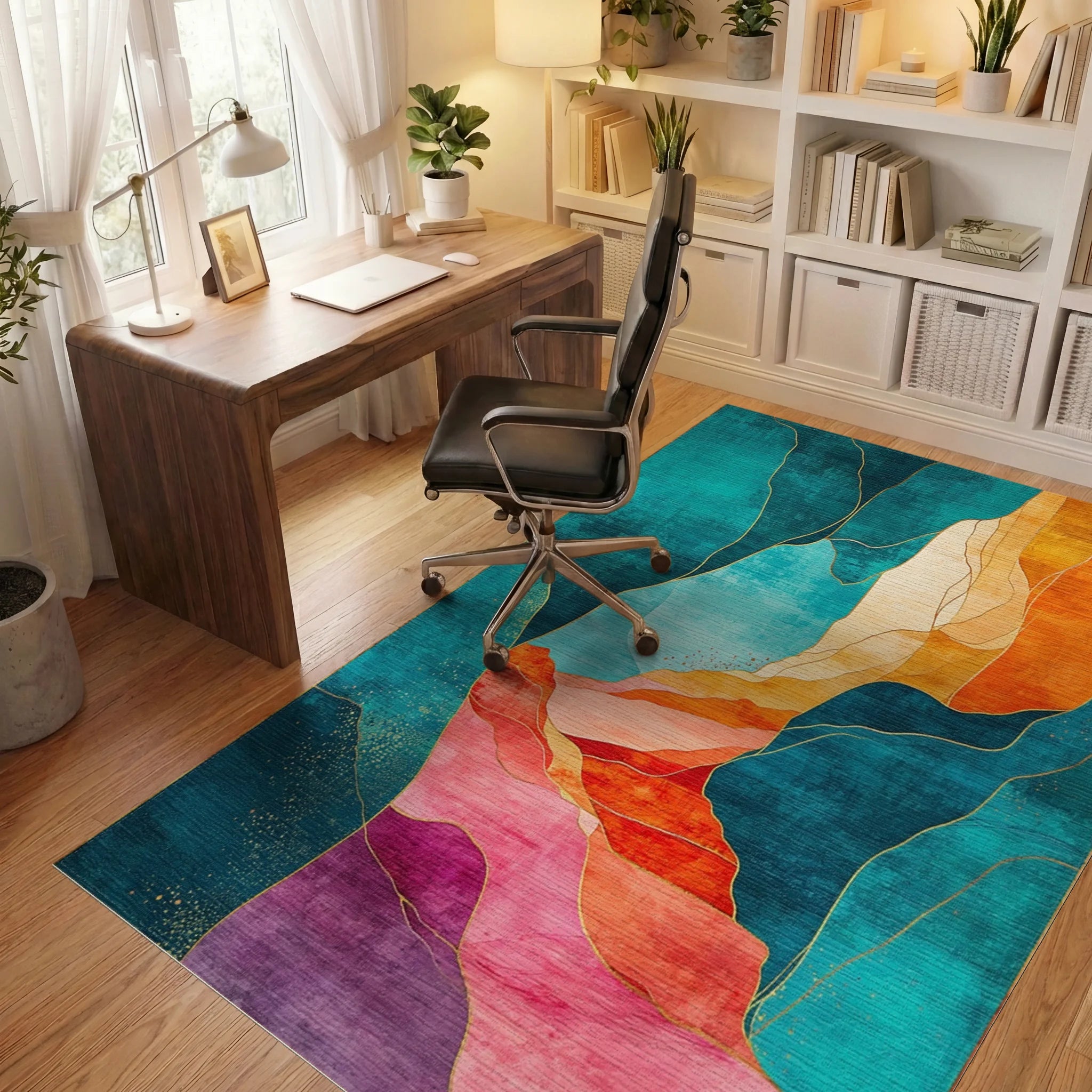 Teal Orange Gold Fluid Mountains Rug Office View