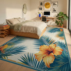 Teal Orange Hibiscus Palm Tropical Rug Bedroom View