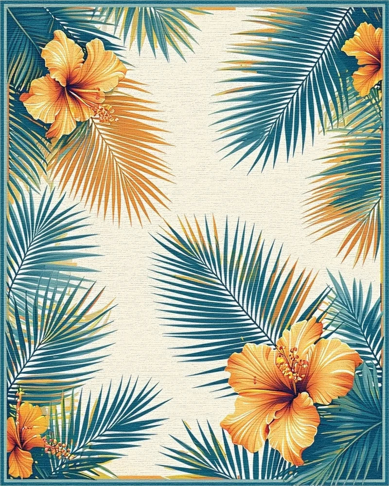 Teal Orange Hibiscus Palm Tropical Rug - Cutout View