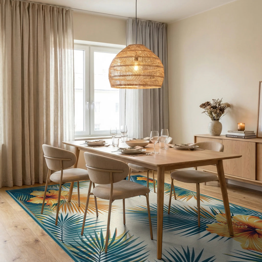 Teal Orange Hibiscus Palm Tropical Rug Dining Room View