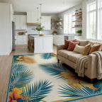 Teal Orange Hibiscus Palm Tropical Rug Living Room View