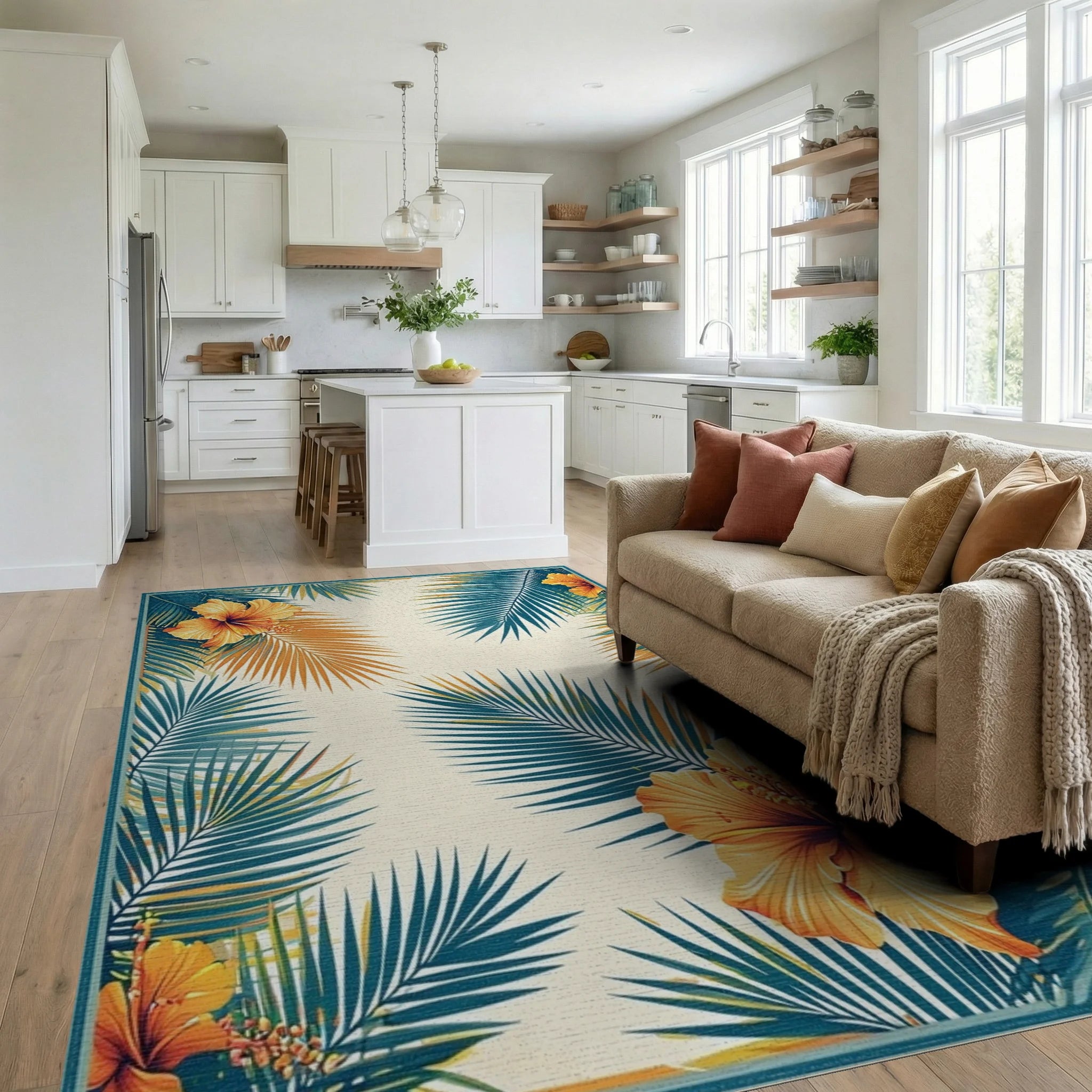 Teal Orange Hibiscus Palm Tropical Rug Living Room View