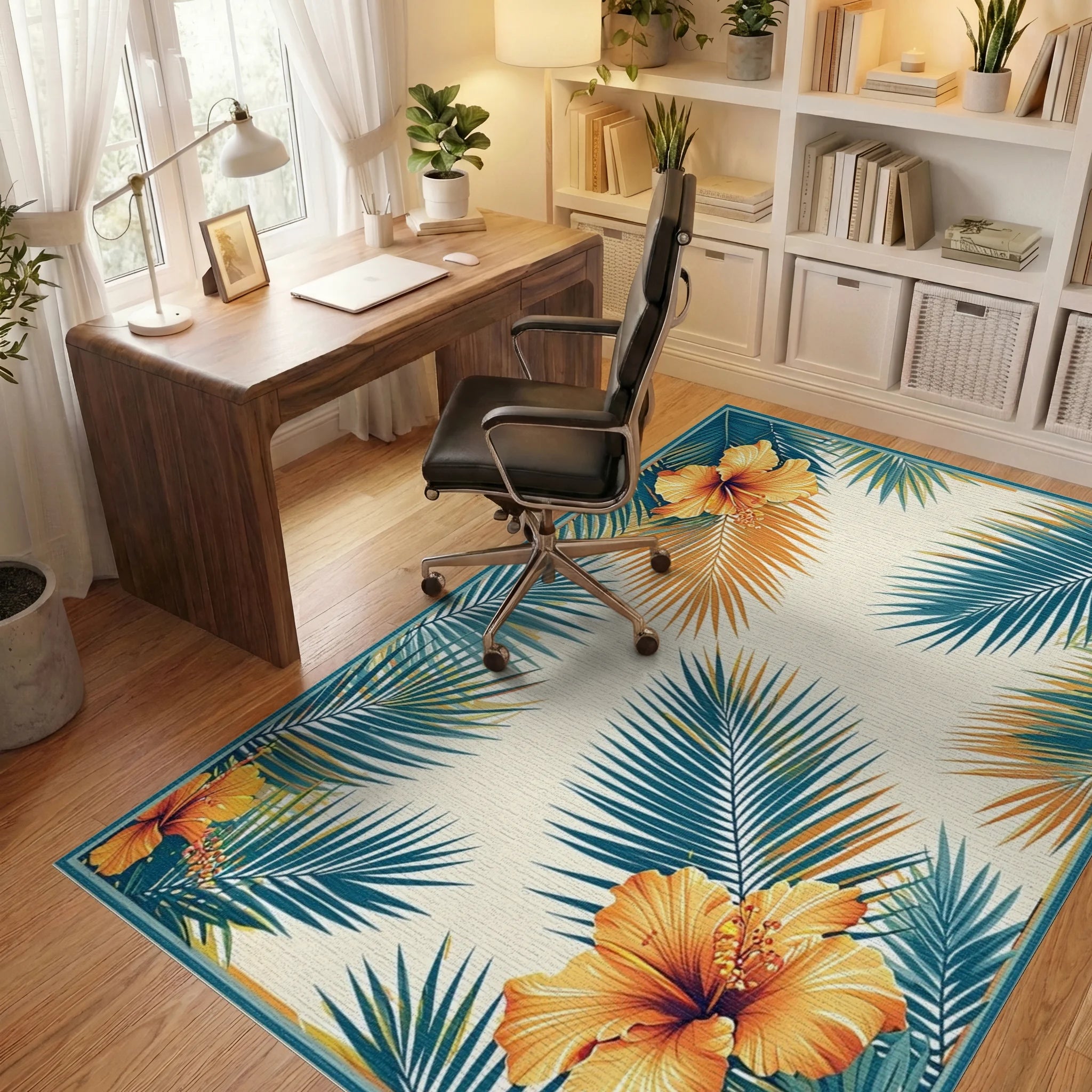 Teal Orange Hibiscus Palm Tropical Rug Office View