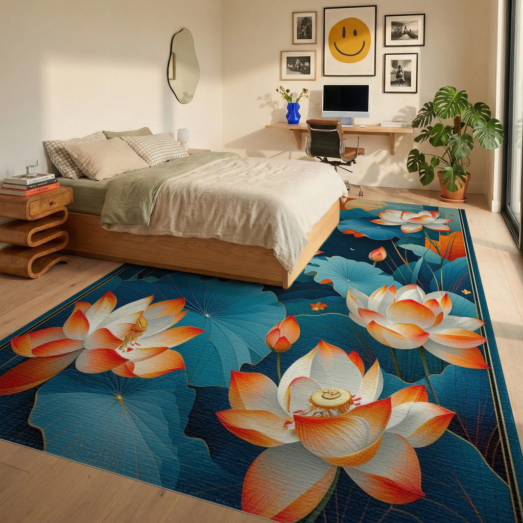 Teal Orange Lotus Sunset Rug - Bedroom View