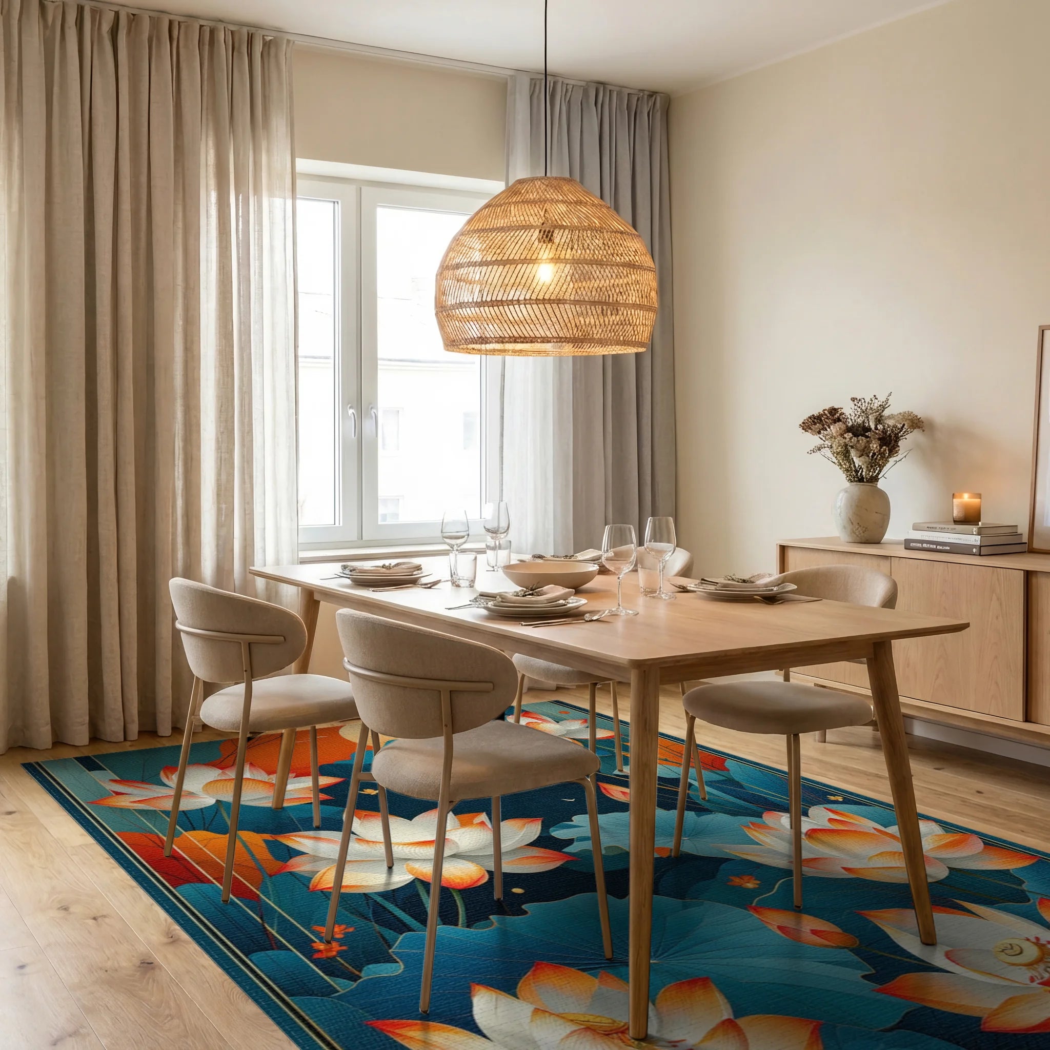 Teal Orange Lotus Sunset Rug - Dining Room View