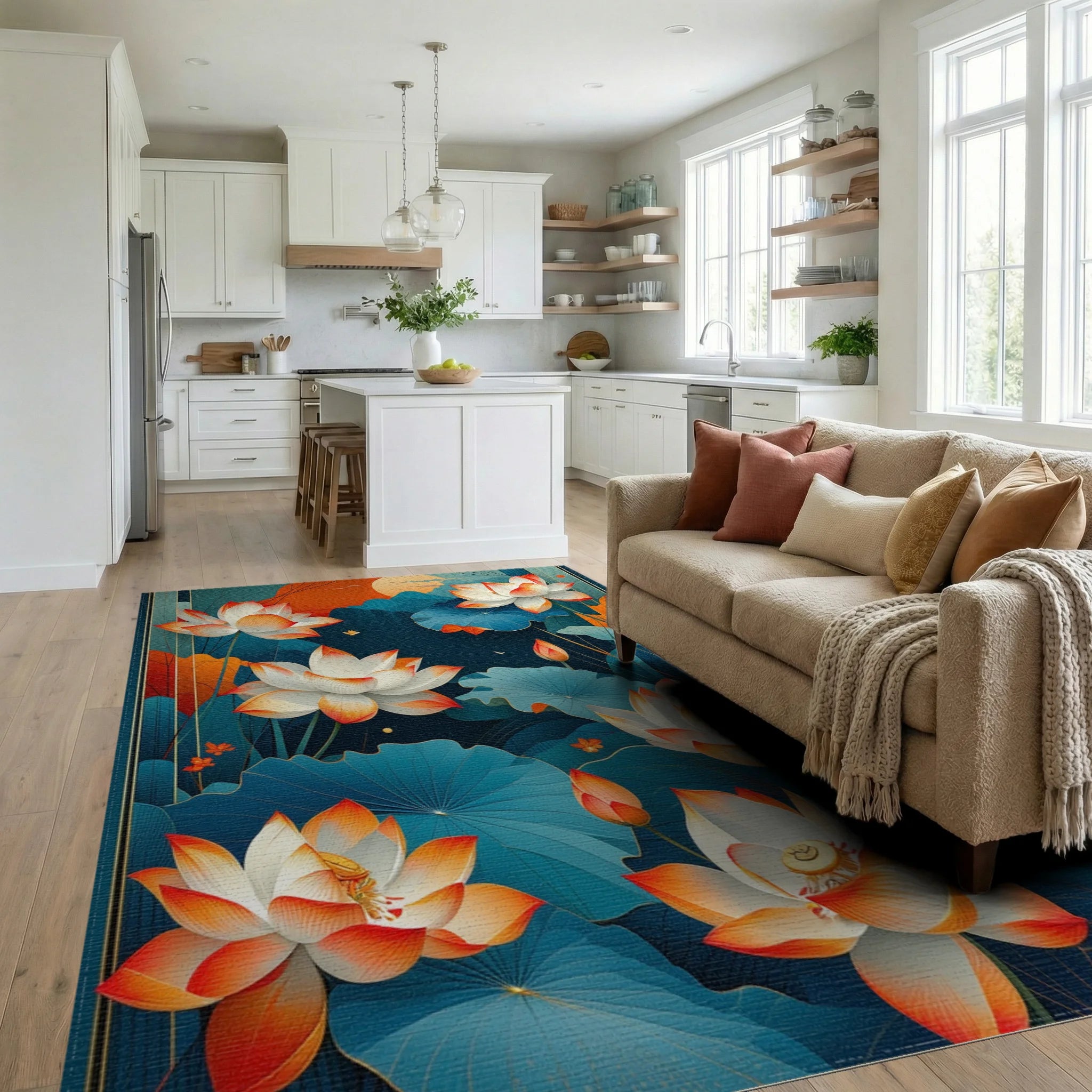 Teal Orange Lotus Sunset Rug - Living Room View